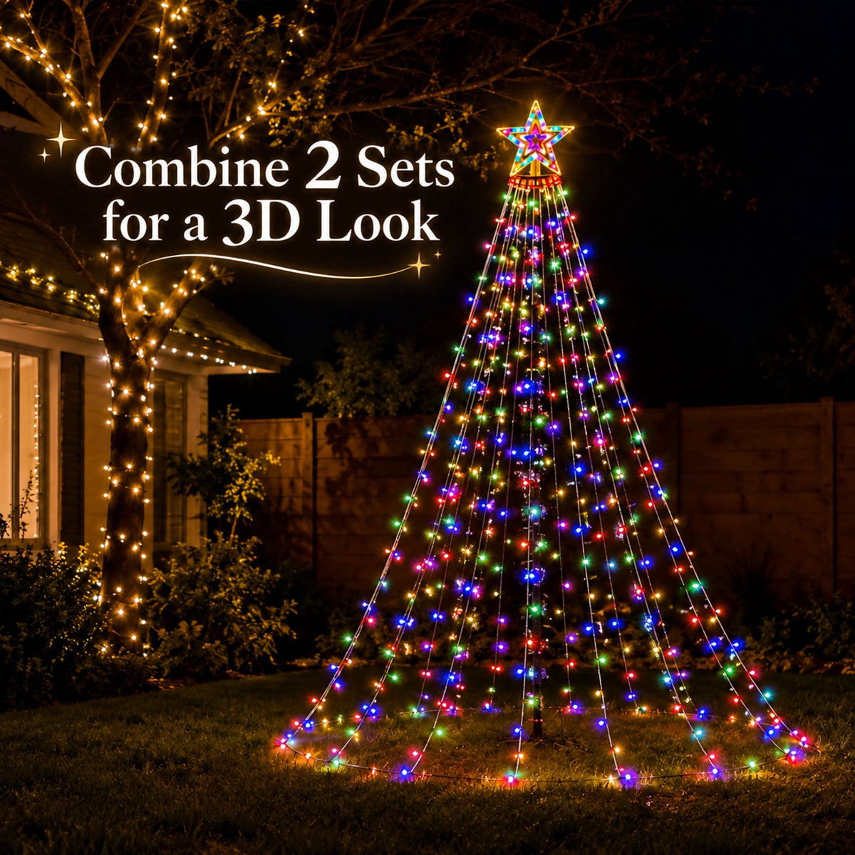 Qunler Outdoor Christmas Decoration Lights, 8 Modes & 350 LED Christmas Waterfall Fairy Tree String Lights Indoor Outdoor Holiday Lighting Decorations, Multicolor, Plug-in