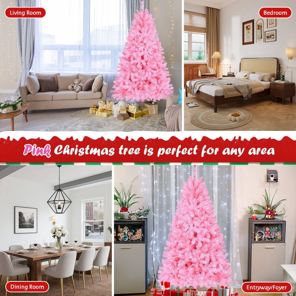 Funcid 6ft Pink Artificial Christmas Tree, Hinged Spruce Full Tree with 1477 Branch Tips, Foldable Metal Stand, New PVC Material, Xmas Tree for Indoor and Outdoor Decoration