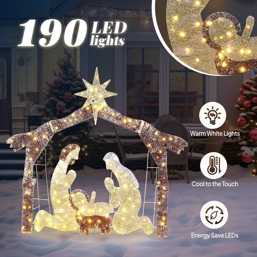 iCapeson 6ft Lighted Outdoor Nativity Scene with Brown Roof, 190 LED Lights Holy Family Yard Decoration for Christmas, Includes Mary, Joseph, Jesus Figure