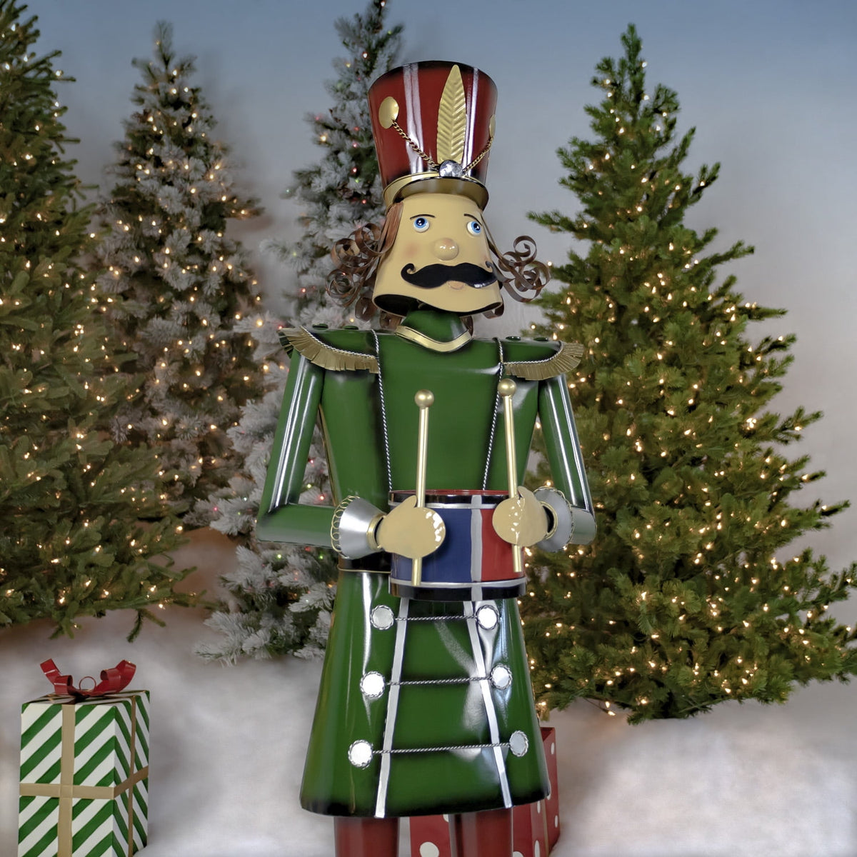 59” Tall Iron Christmas Green Nutcracker Holding Drum “Leo”