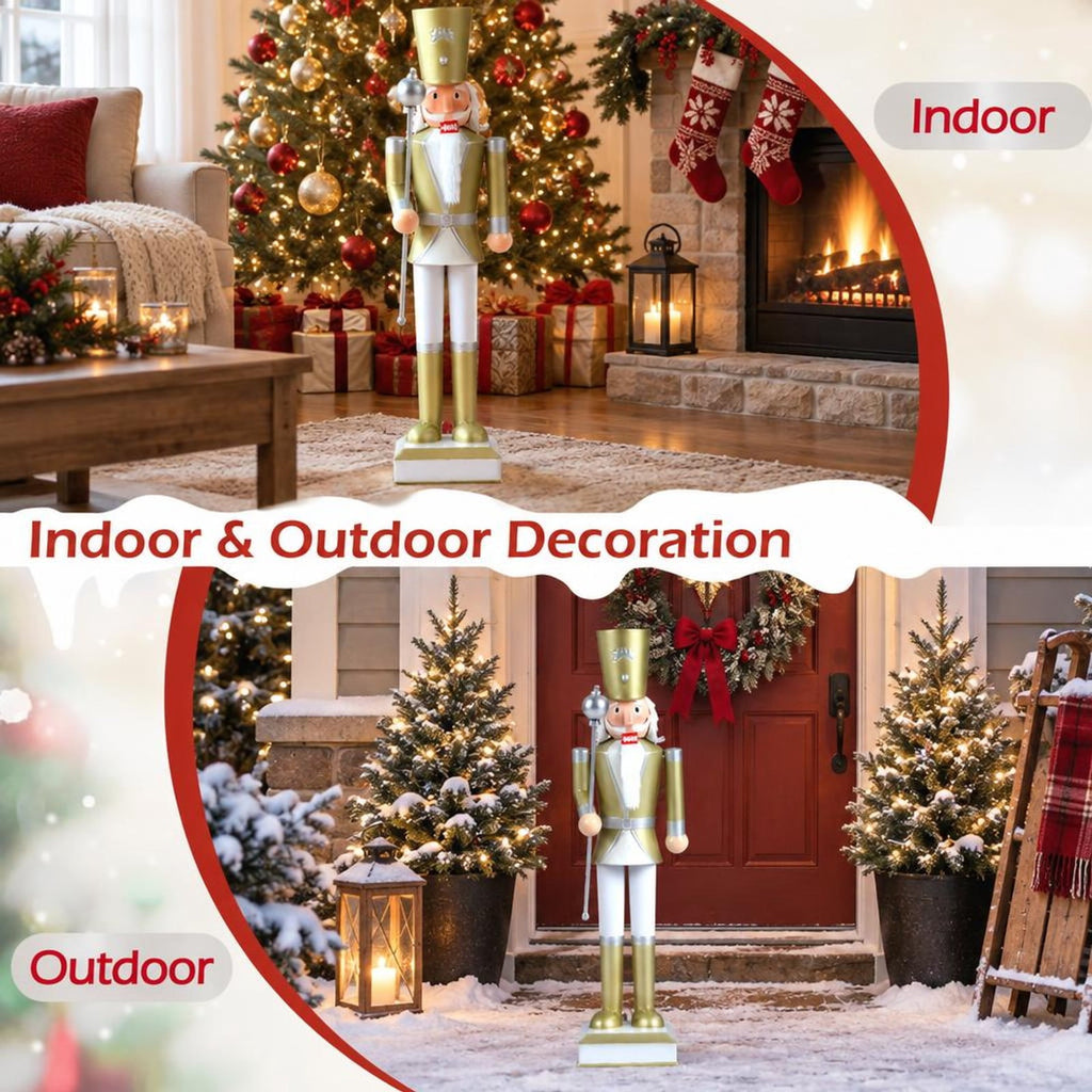 Airfind 32.5 Inch Christmas Nutcracker with High Hat and Beautiful Scepter-White & Golden, Metal Frame, 7.5" x 7.5" x 32.5" Footprint, White