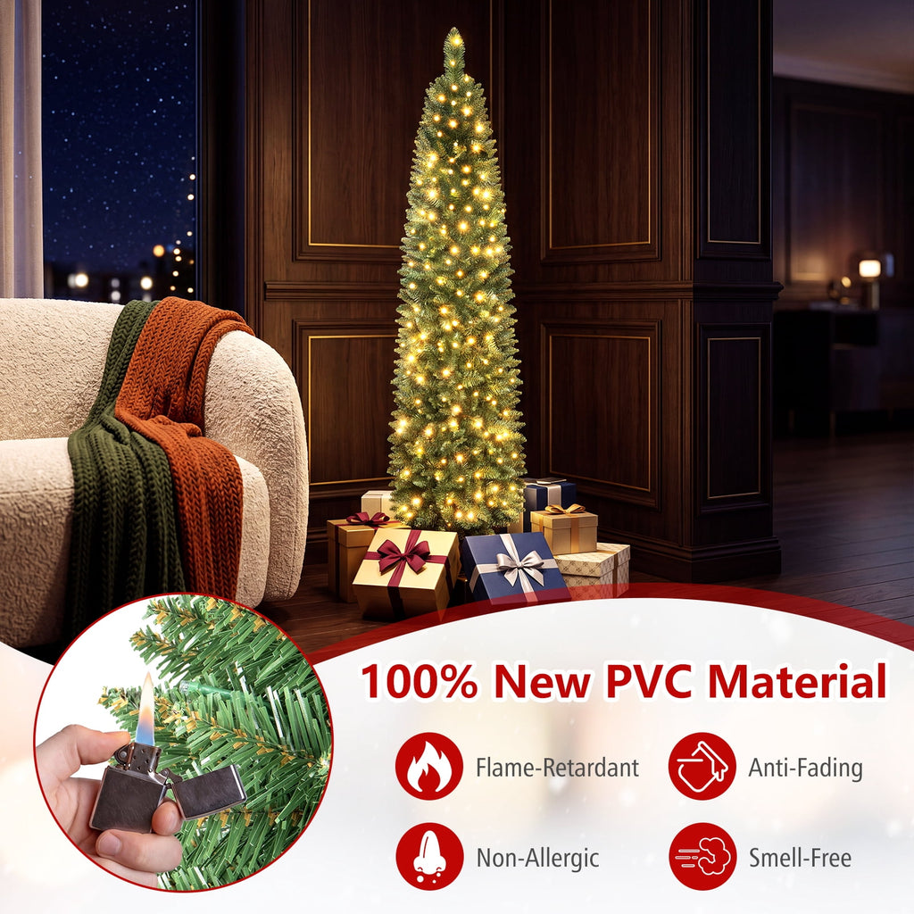 Costway 6 FT Pencil Christmas Tree Pre-Lit Folding Metal Stand Green