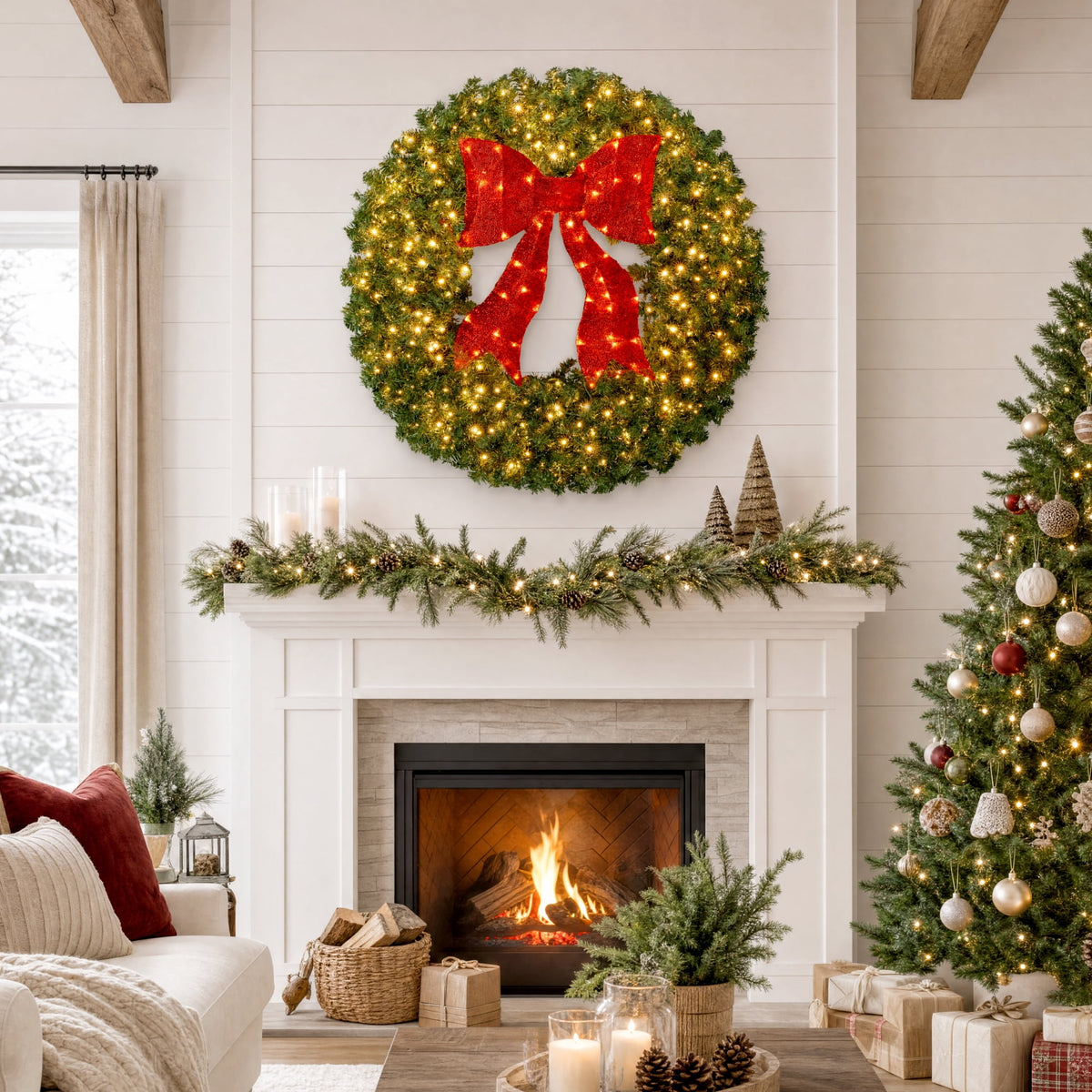 Best Choice Products 48in Artificial Pre-Lit Fir Christmas Wreath Decor w/ Red Bow, 250 LED Lights, 714 Tips, Plug-In