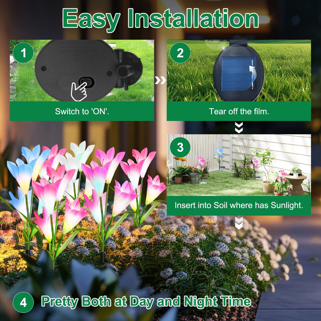 Solar Garden Lights Outdoor Decor, Lily Flower Garden Stake Lights Waterproof, 4 PCS LED Solar Lights Solar Powered for Outside Patio Garden Pathway Yard Decoration, Color Changing