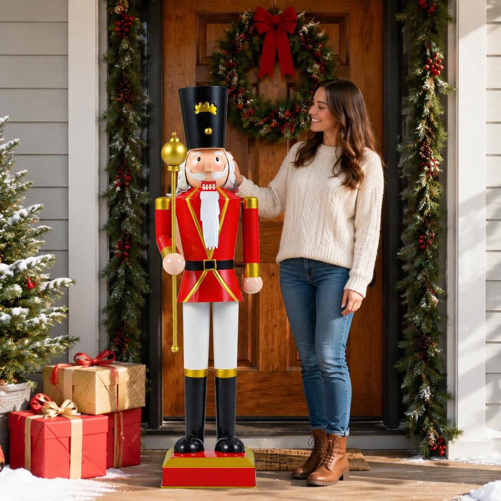 Christmas Nutcracker Decor, 32.5 Inch, with High Hat, Scepter, Metal Frame, Storage Compartment, Black & Red