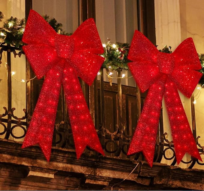 40 Inch Lighted Glitter Red Christmas Bow, 99 LED Decorative Bow for Wreath & Tree Topper, Indoor Outdoor Holiday Party Decoration