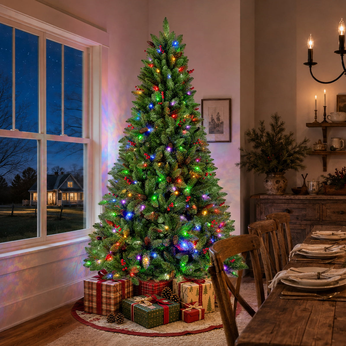 Goosiay Artificial Christmas Tree Pre-Lit Flocked Hinged with Red Berries & Pinecones, 350 Warm White & Multicolor LED Lights, 7 ft