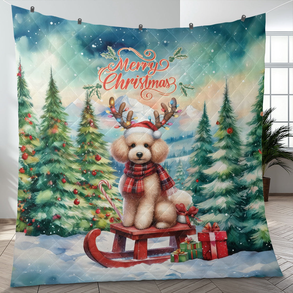 Merry Christmas Santa Reindeer Antlers French Bulldog Sleigh Xmas Winter Holiday Quilt Bedding Set Dog Lover Gifts 1 Blanket Bed Cover 2 Pillowcases - 00023