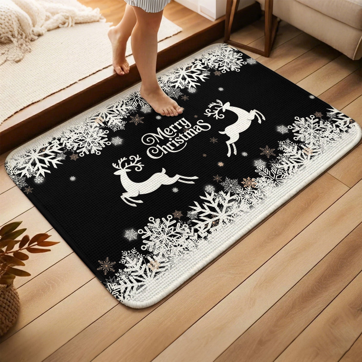 Black Christmas Washable Area Rugs for Living Room Bedroom, Large Non Slip Indoor Floor Carpet Absorbent Low Pile Elk Xmas Snowflake Winter Deer Door Mat Rugs for Bathroom Entryway 47.2"x63"