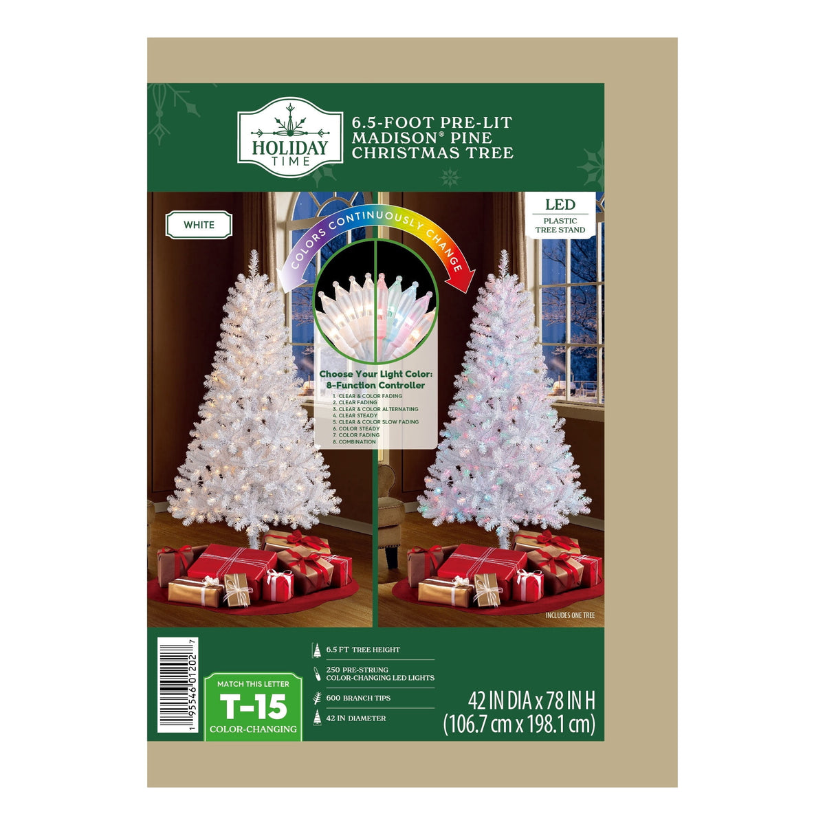 6.5' Pre-Lit Madison Pine Green Artificial Christmas Tree with Color-Changing LED Lights and Stand, by Holiday Time