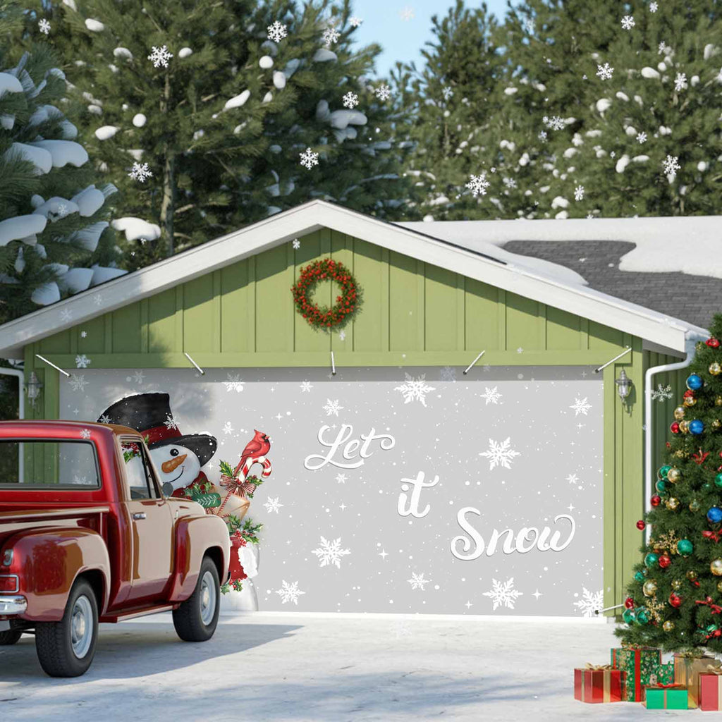 Fsddascl 7 x 16 Ft Christmas Garage Door Cover, Black Christmas Tree Large Garage Door Banner, Xmas Snowflake Green Golden Hanging Garage Mural Background for Indoor Outdoor Xmas Party Supplies