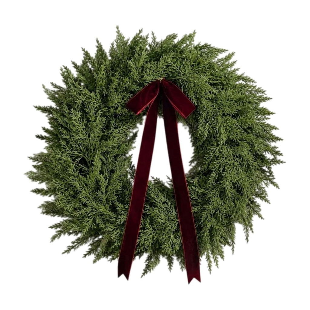 QualiVow Artificial Christmas Wreath with Burgundy Bow, 11.81in Faux Cedar Front Door Decor