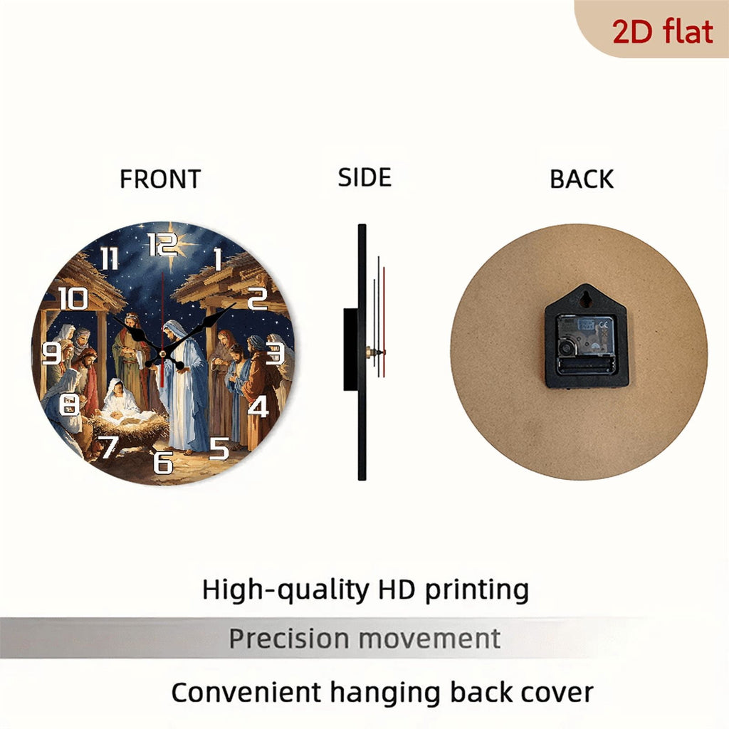 2D Flat 1pc 10Inch Wooden Wall Clock with Religious Nativity Scene Design Silent, Battery Operated (AA Not Included) Ideal for Home, Church, Office Decor Handcrafted Artistic Birthday Gift