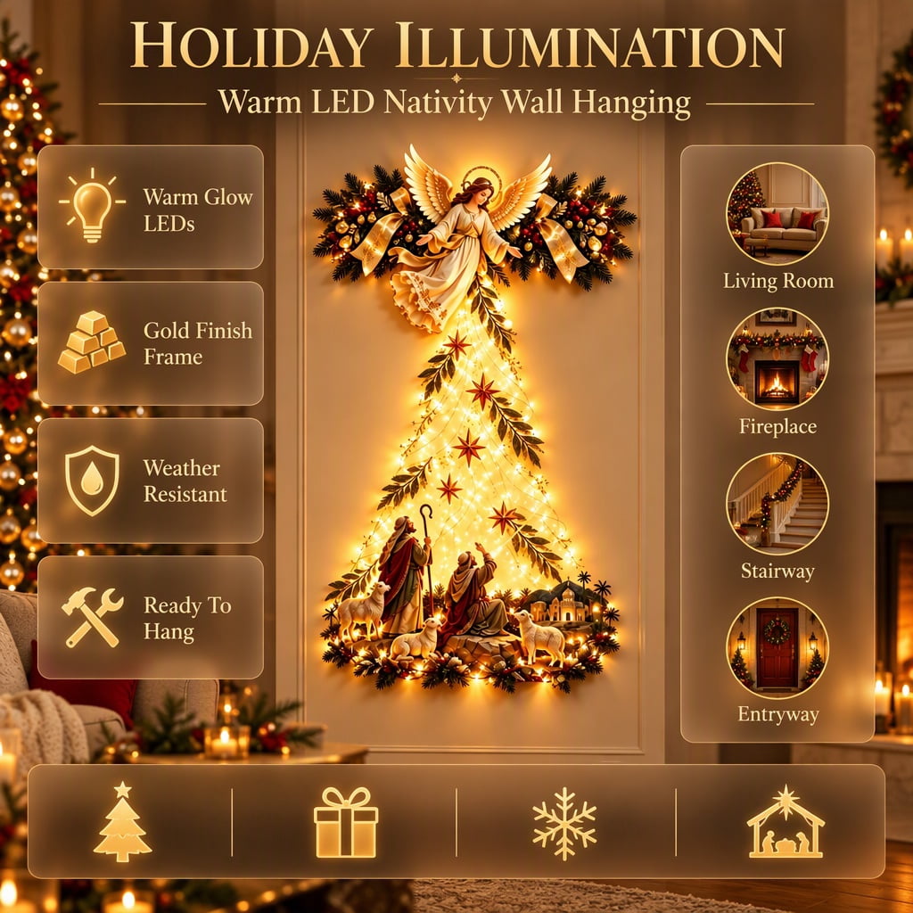 Bethlehem Star of Faith Lighted Nativity Wall Decor, Warm LED Christmas Hanging, Gold, Indoor Outdoor, Meaningful Holiday Gift C