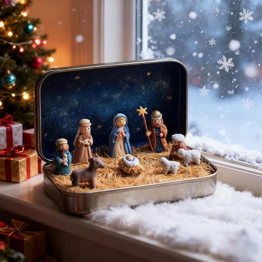 Mini Christmas Nativity Set in Tin Box | Christmas Decor Gift for Family | Portable Pocket Nativity Scene for Travel Home Office Desk |Christmas Christian Decoration Indoor for Home Gifts Decor