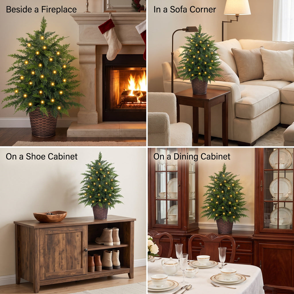 Firstness 4Ft Pre-Lit Potted Christmas Trees with 8 Lighting Modes, PE Cypress Artificial Tree for Porch Entryway Indoor Outdoor Decor