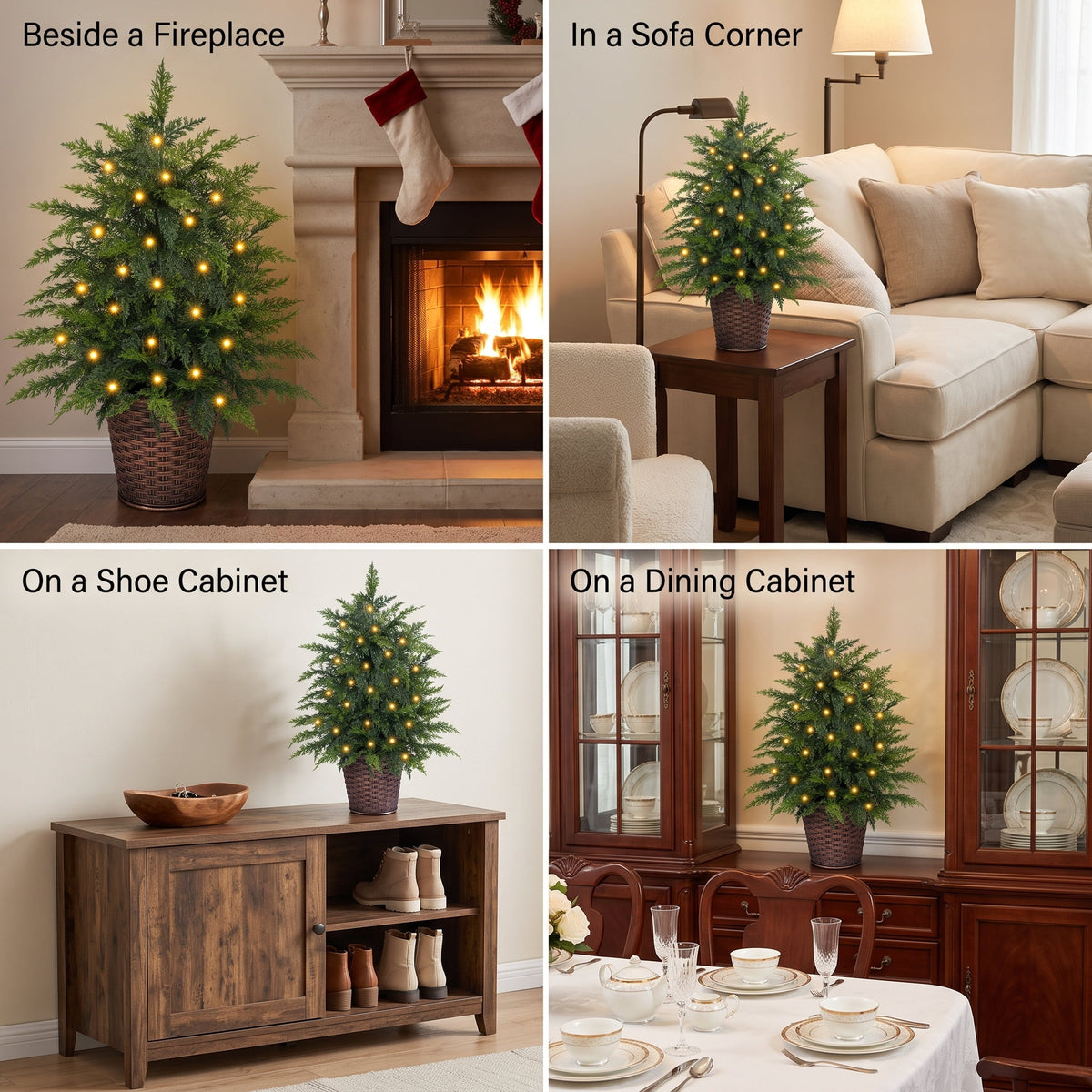 Firstness 4Ft Pre-Lit Potted Christmas Trees with 8 Lighting Modes, PE Cypress Artificial Tree for Porch Entryway Indoor Outdoor Decor