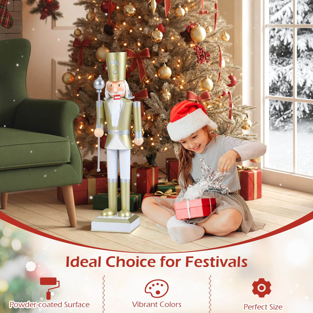 Costway 32.5” Christmas Nutcracker with High Hat & Beautiful Scepter, Uniform & Boots Black+Red