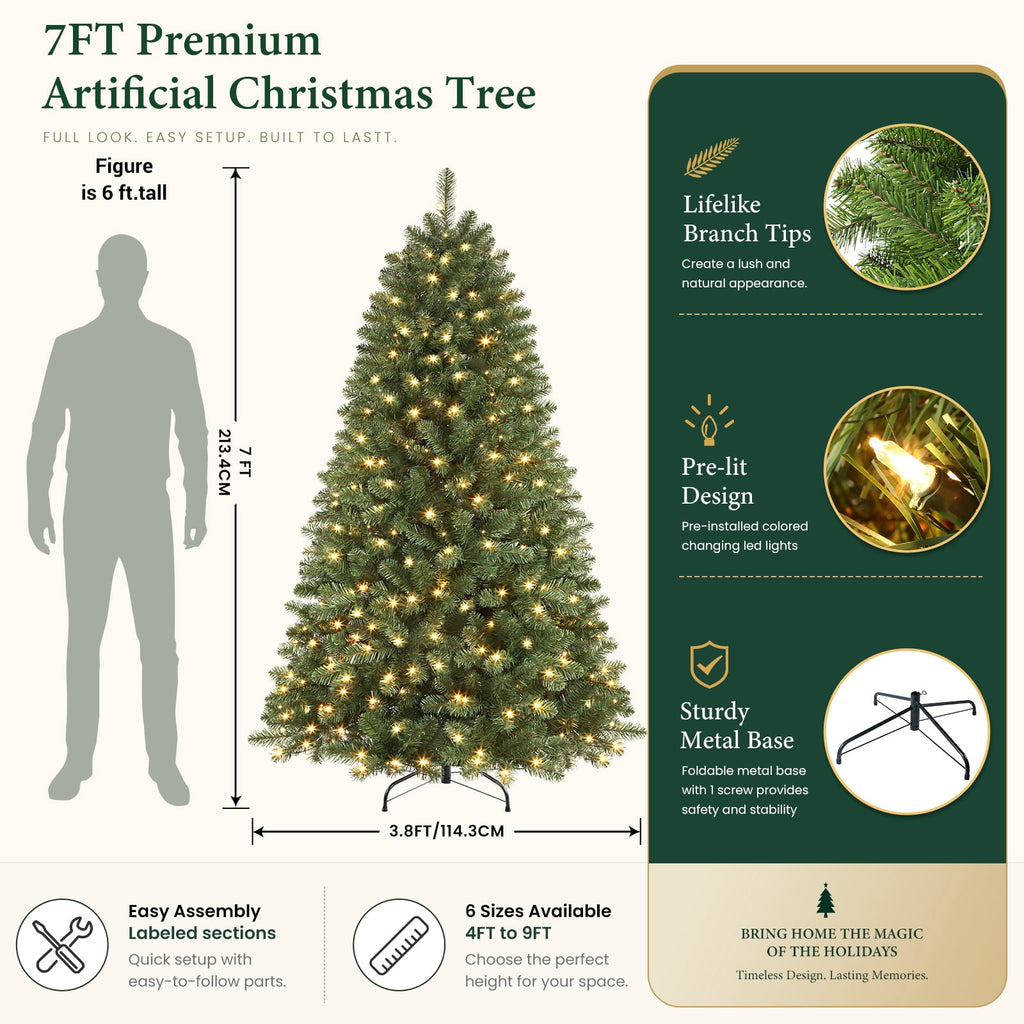 Lolsea 7ft Pre-Lit Premium Artificial Hinged Christmas Tree w/ Warm White Lights, Perfect Choice for Xmas Decoration