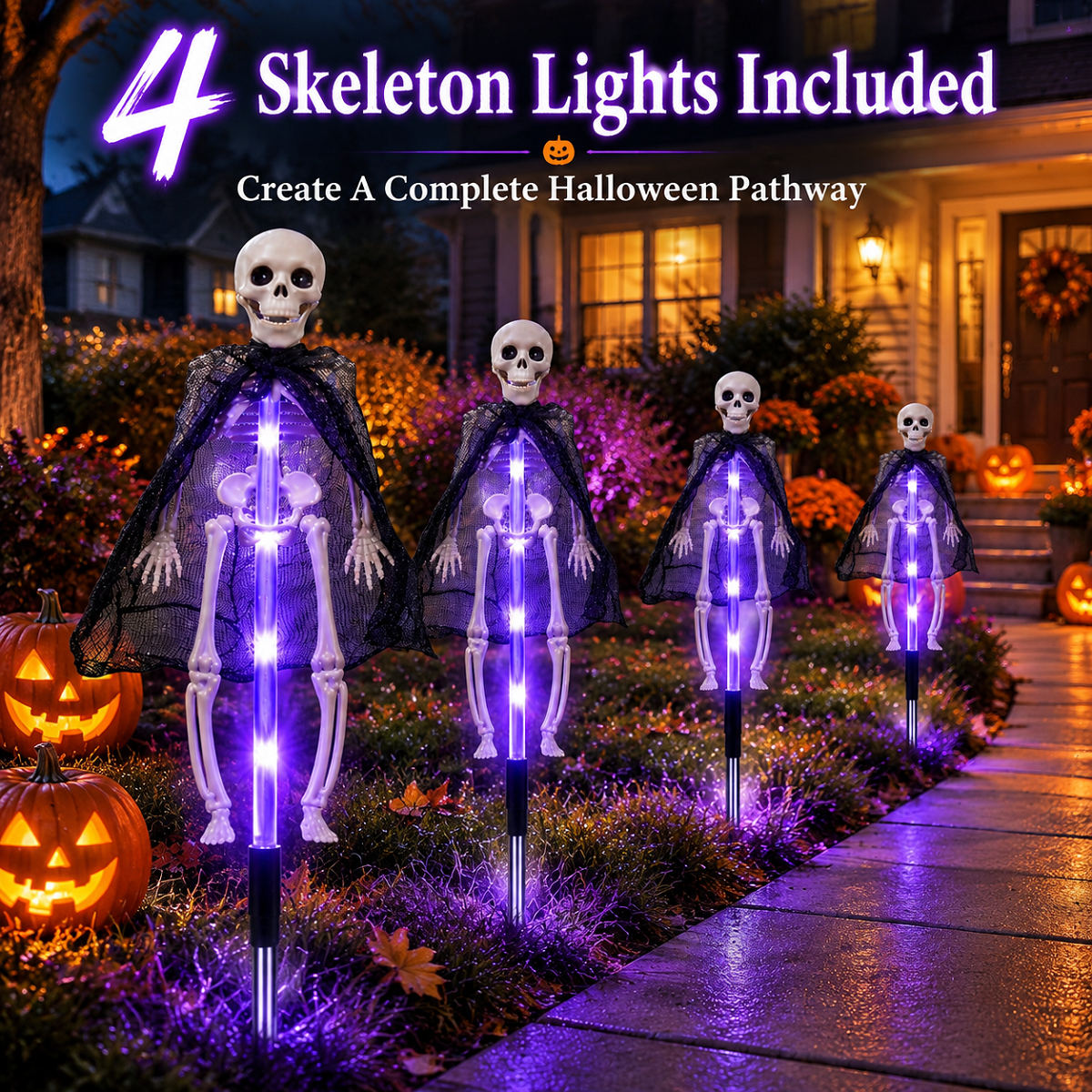 4 Pack Solar Halloween Skeleton Lights , 8 Modes Purple LED Skull Pathway Stakes, Outdoor Yard Decorations for Front Porch Lawn Garden, Waterproof Halloween Decor