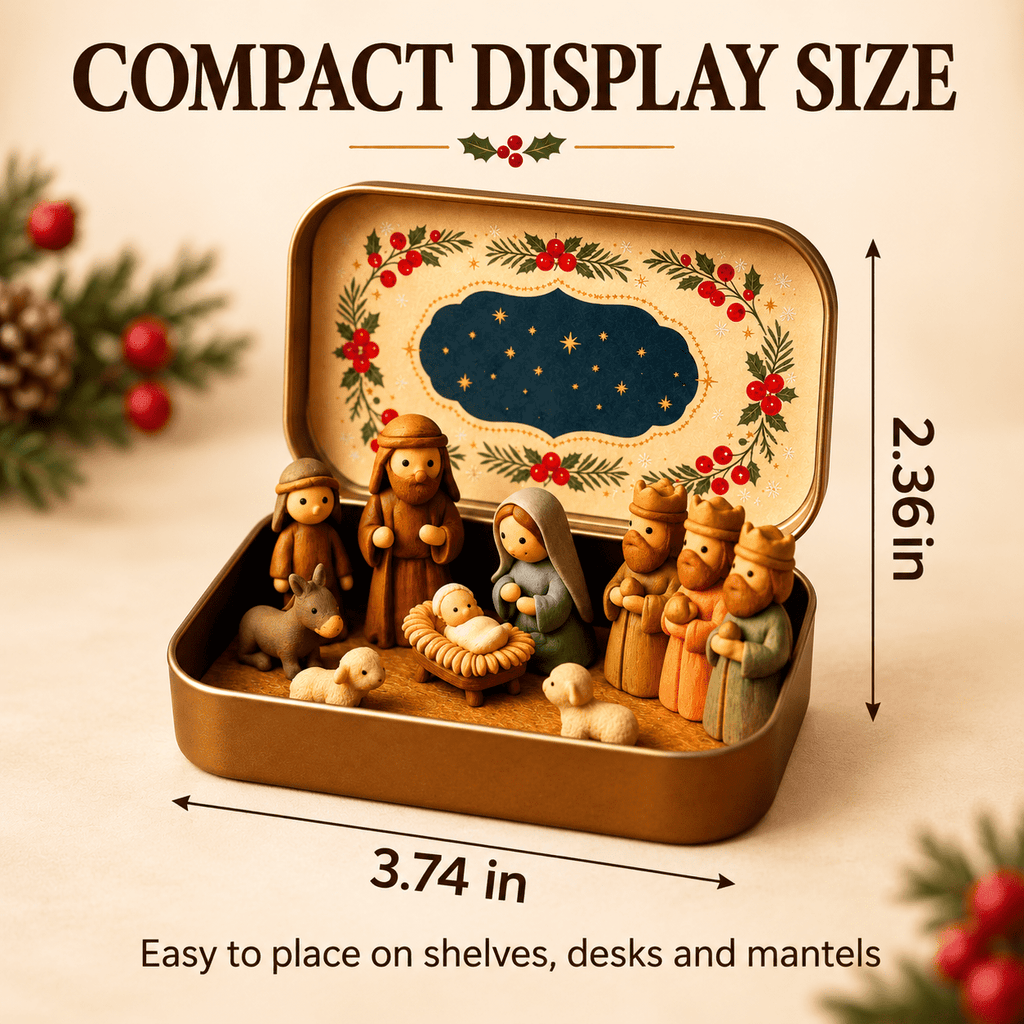 Christmas Nativity Scene in a Tin Mini Manger Scene Portable Tin Box Tabletop Decor for Mantel Shelf Fireplace Desk Holiday Decoration