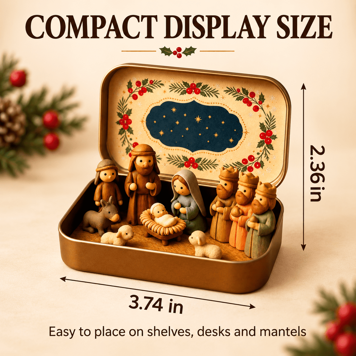 Christmas Nativity Scene in a Tin Mini Manger Scene Portable Tin Box Tabletop Decor for Mantel Shelf Fireplace Desk Holiday Decoration
