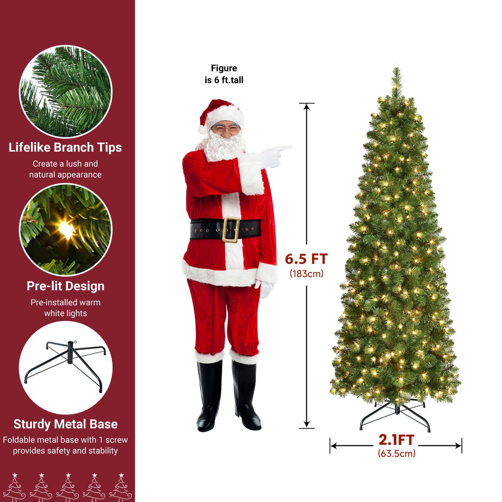 Lolsea 6.5ft Prelit Artificial Slim Pencil Christmas Tree w/ Warm White Lights, Full Branch Tips, Perfect Choice Decoration for Xmas Holiday