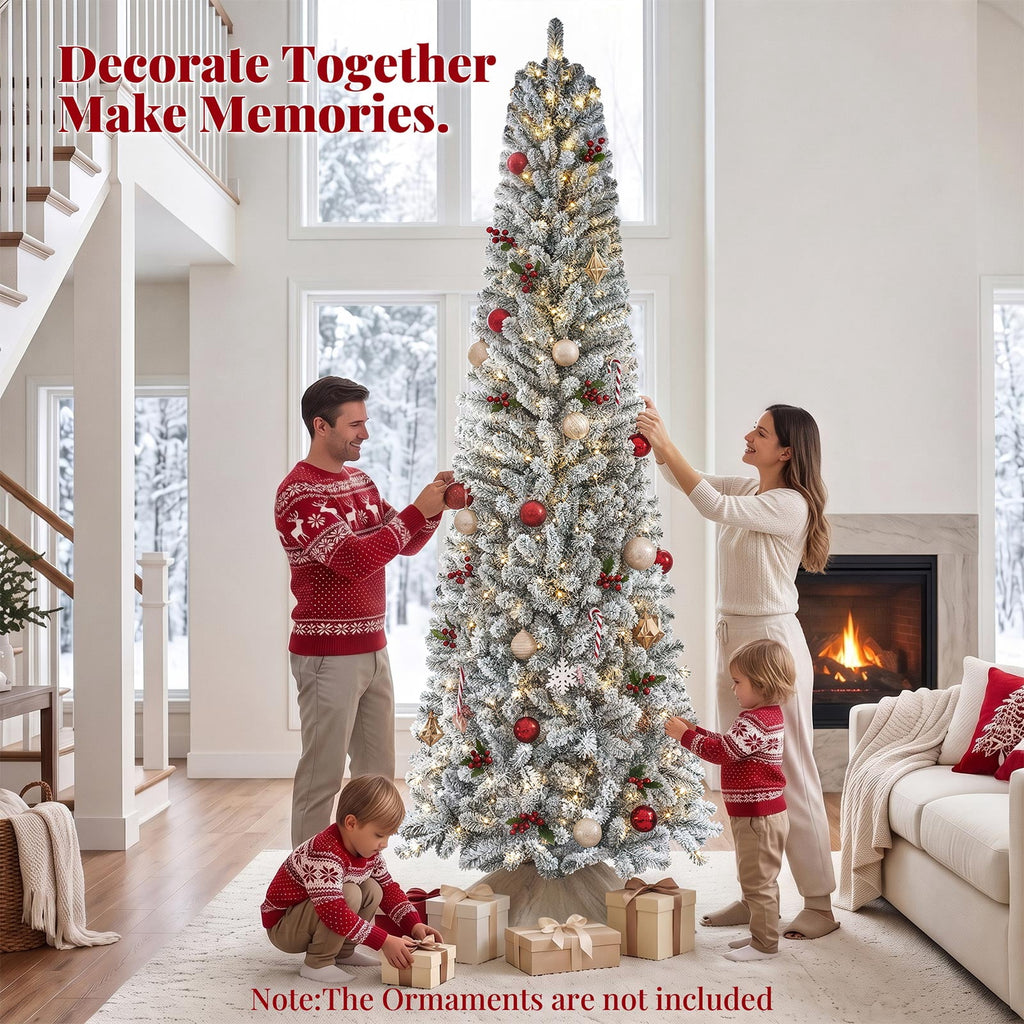 Goosiay 7ft Snow Flocked Pencil Christmas Tree, Pre-Lit Artificial Christmas Tree with 640 Tips,300 Warm White & Multicolor Lights, 10 Modes, Slim Xmas Tree with Stand