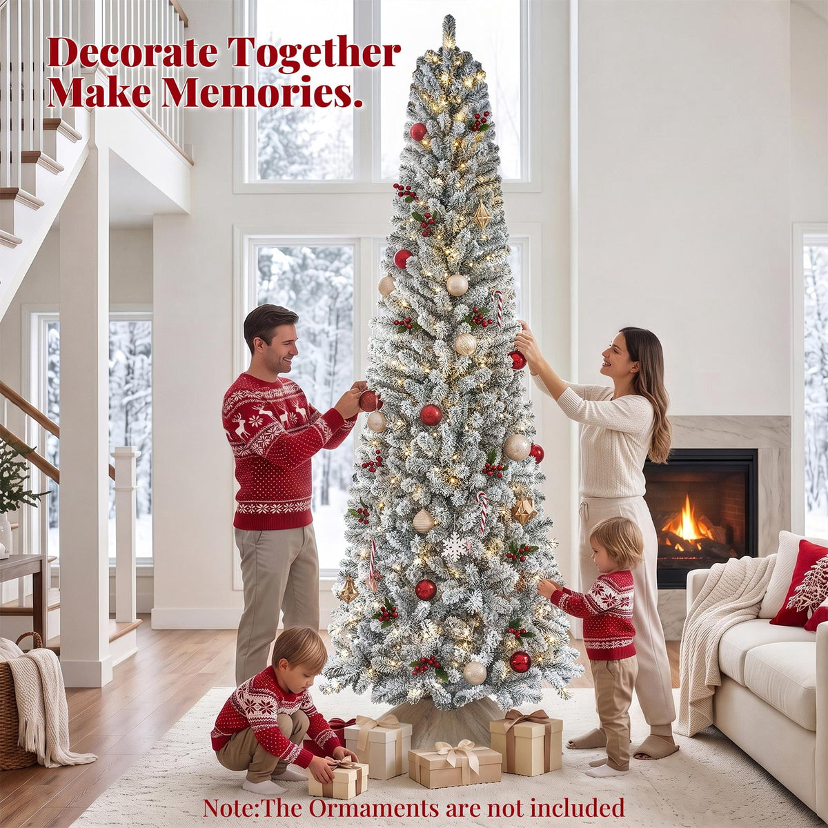 Goosiay 6ft Snow Flocked Pencil Christmas Tree, Pre-Lit Artificial Christmas Tree with 500 Tips, 250 Warm White & Multicolor Lights, 10 Modes, Slim Xmas Tree with Stand