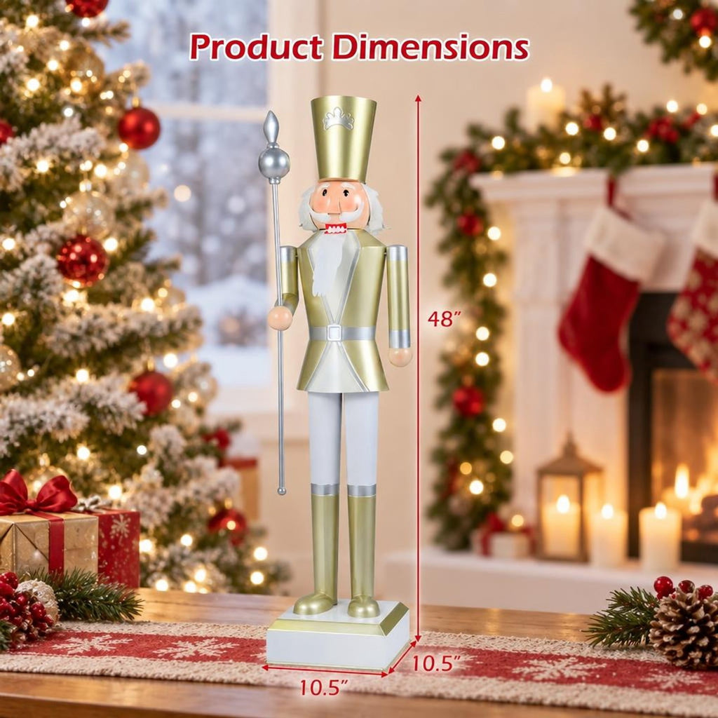 RUIE Christmas Nutcracker with High Hat & Beautiful Scepter-White & Golden, 4 FT, White, 10.5" x 10.5" x 4' Overall, Metal Construction