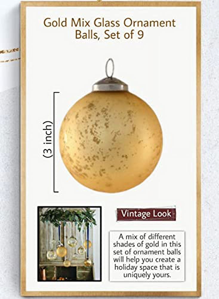 Serene Spaces Living Set of 9 Gold Glass Ball Ornaments for Christmas Tree, Holiday Decorations, Winter Wedding, Table Centerpiece