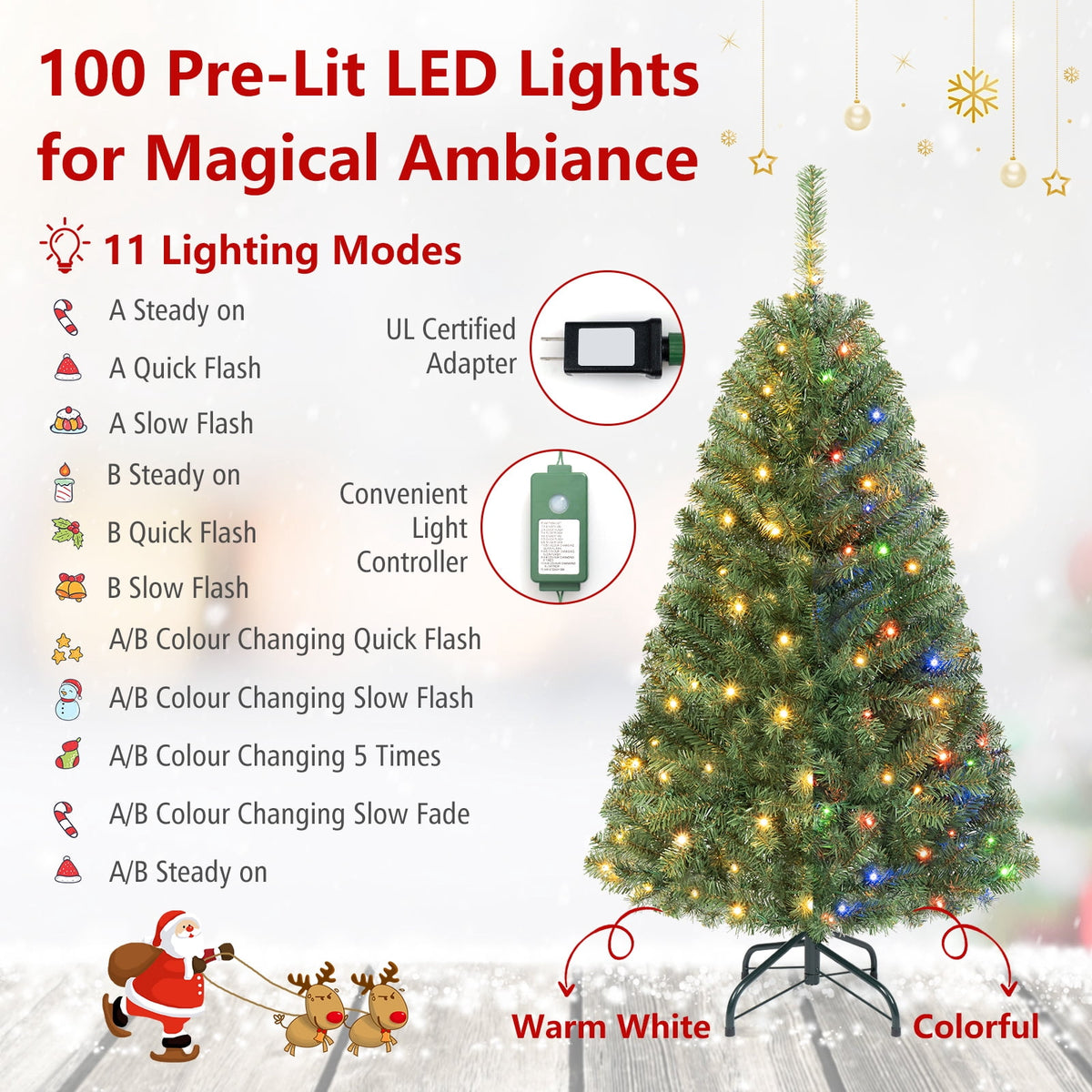 Costway 4 FT Pre-Lit Artificial Christmas Tree with 296 Dense Branch Tips, 100 LED Lights