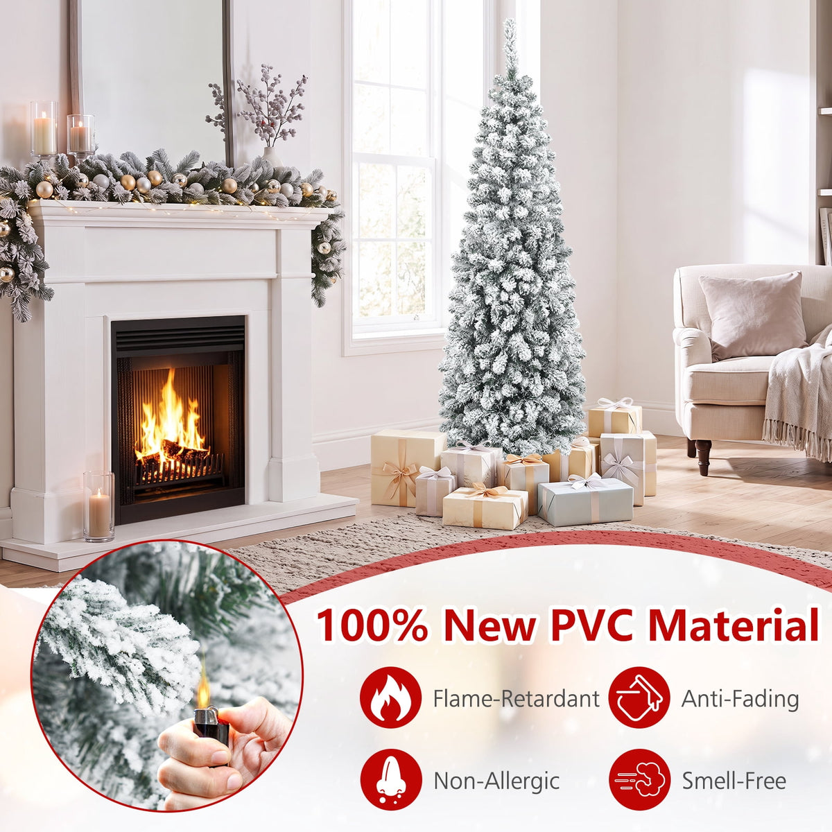 Costway 4.5 FT Unlit Flocked Pencil Christmas Tree Hinged with 242 Branch Tips