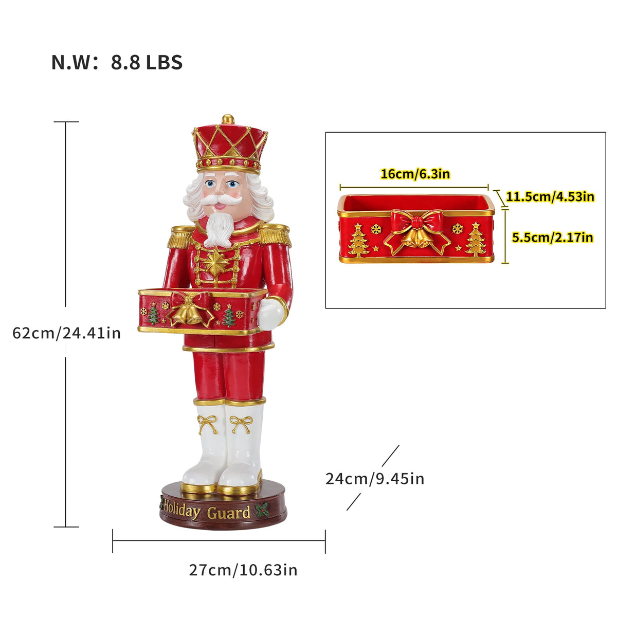 Christmas Nutcracker Soldier Statue with Serving Tray, Red & Gold Holiday Guard Figurine