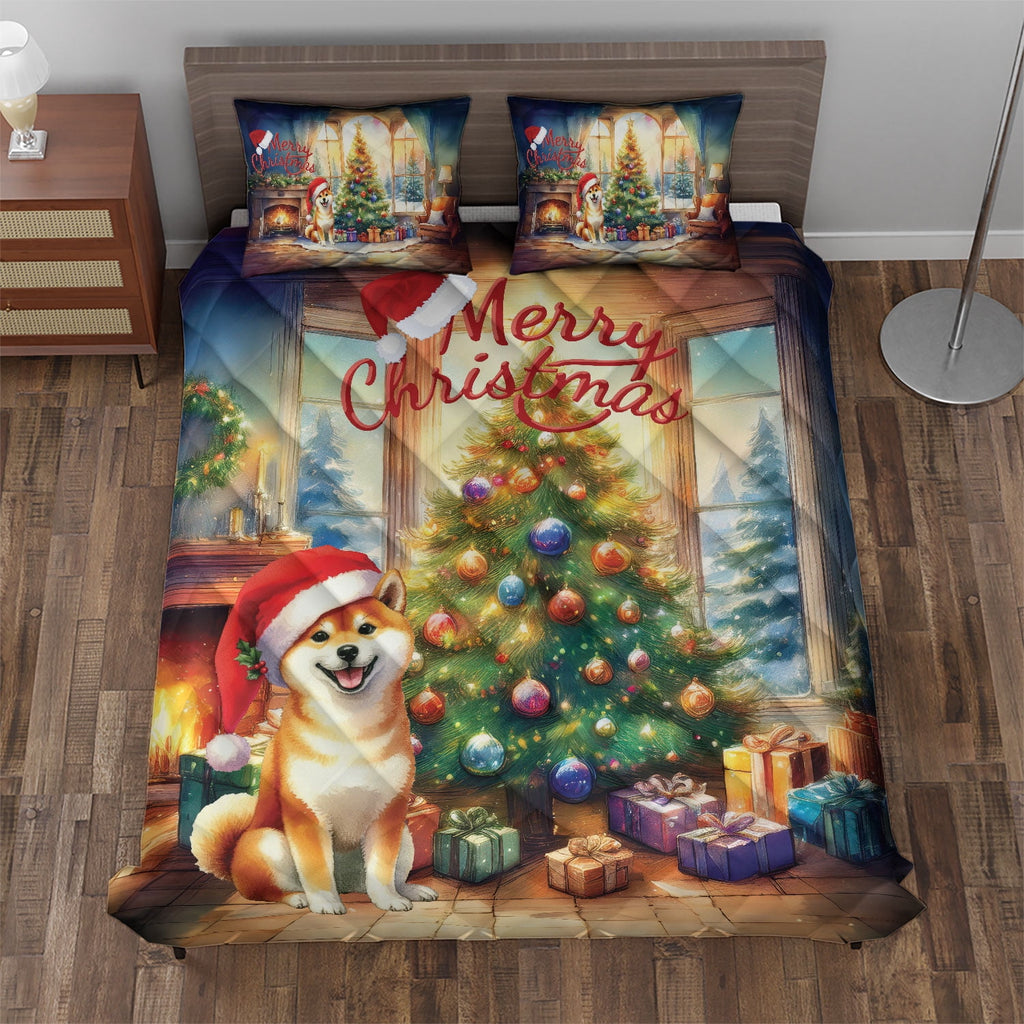 Merry Christmas French Bulldog Santa Hat Xmas Tree Winter Holiday Quilt Bedding Set Dog Lover Gifts 1 Blanket Bed Cover 2 Pillowcases - 01013