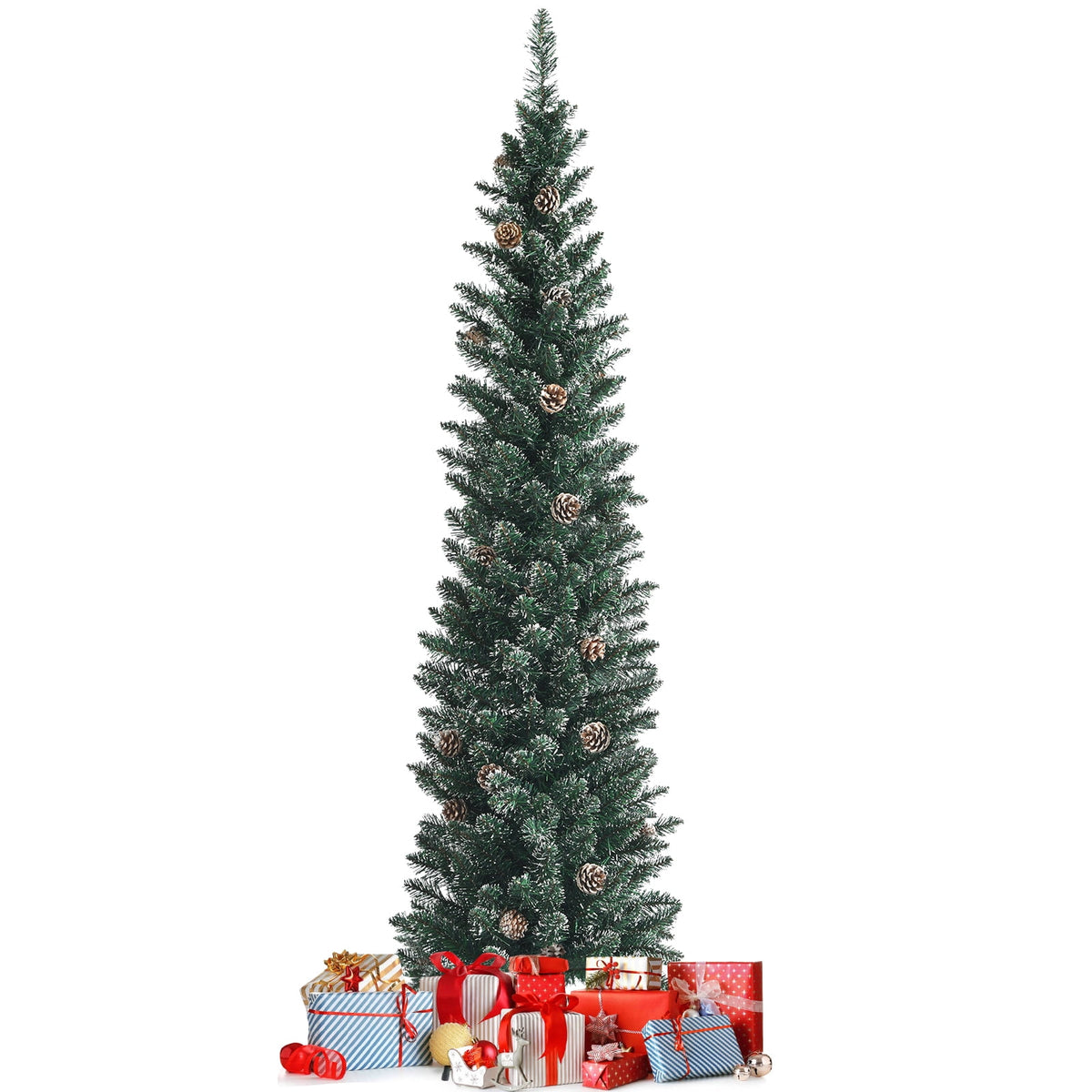 Topbuy 5FT Slim Pencil Tree Snowy Artificial Christmas Tree with 214 PVC Branch Tips & 25 Pine Cones Full Holiday Decoration Tree for Xmas