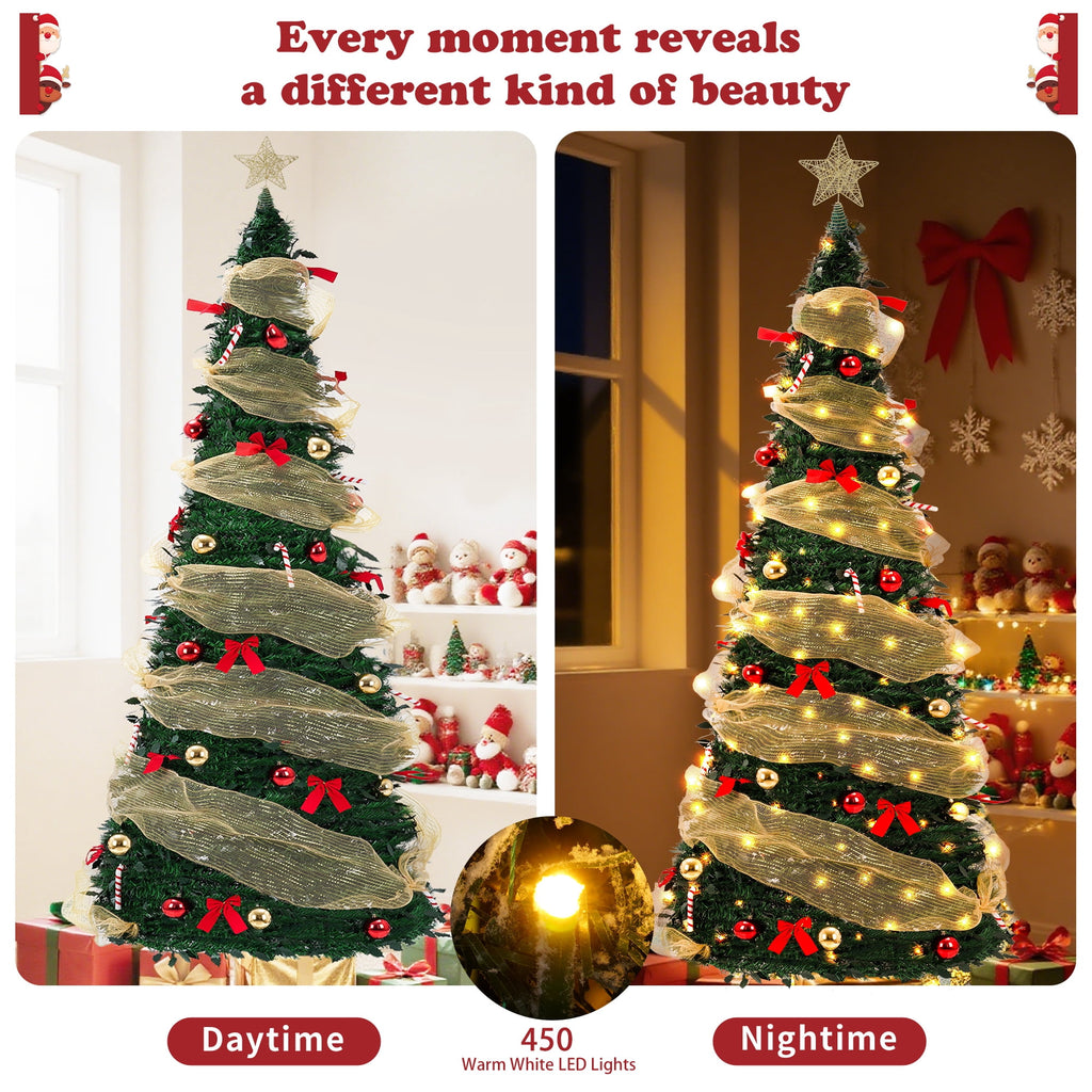 Yexmas 7.5FT Pop-Up Artificial Christmas Tree with 300LED Lights,Green Prelit Christmas Tree with Foldable Base