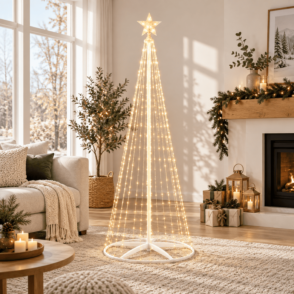1 Pack 8 lighting modes Dimmable Warm White LED Waterfall Cone Christmas Tree with Star Topper, Metal Stand, USB & Adapter Included, Pre-lit Lighted Xmas Tree for Indoor Outdoor Holiday Yard Decor