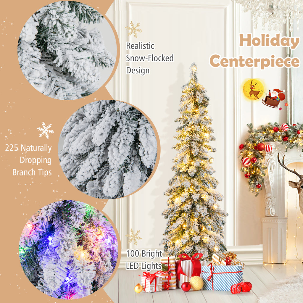 Topbuy 4FT Pre-lit Artificial Christmas Tree Snow-flocked Xmas Pencil Tree with 225 Branch Tips 100 LED Lights 2 Lighting Colors