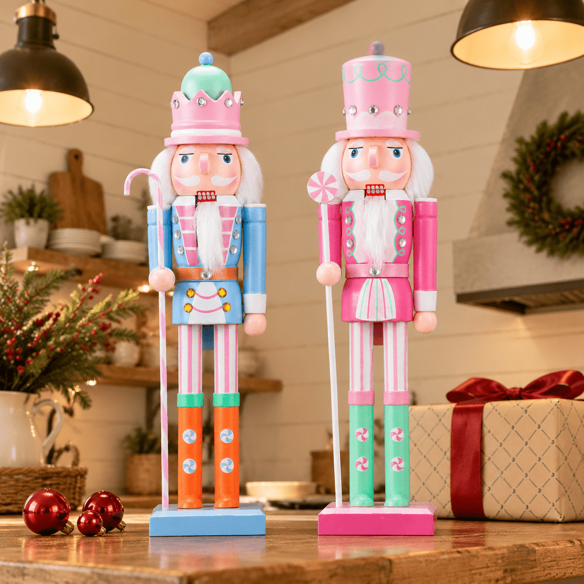 2 Pastel Nutcracker Christmas Figures, Wooden Holiday Decorations for Home