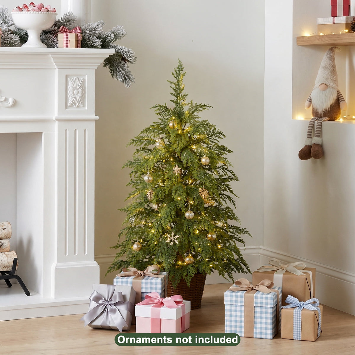 DR.Planzen 24" Pre-Lit Green Cypress Artificial Christmas Tree with 30 Warm White LED Lights, Mini Tabletop Xmas Tree in Woven Basket Base, Indoor Holiday Decoration