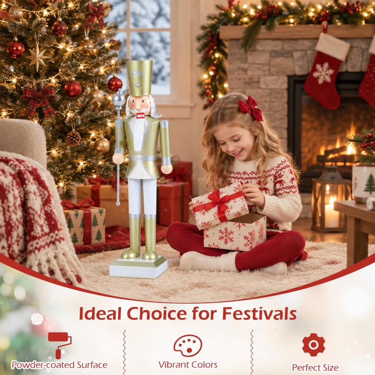 Airfind 32.5 Inch Christmas Nutcracker with High Hat and Beautiful Scepter-White & Golden, Metal Frame, 7.5" x 7.5" x 32.5" Footprint, White