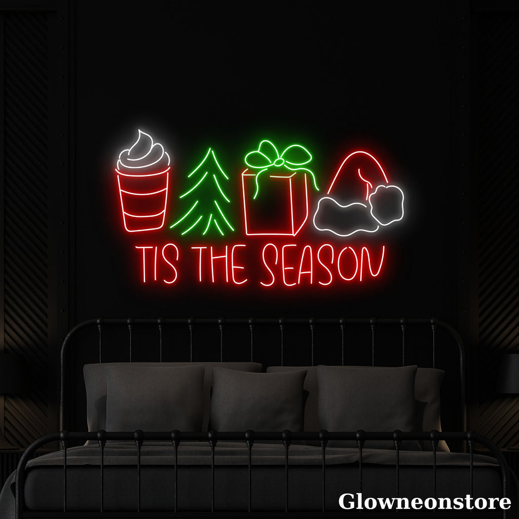 Glowneon Tis The Season Neon Sign, Merry Christmas Sign, Coffee Shop Wall Decor, Santa Hat Neon