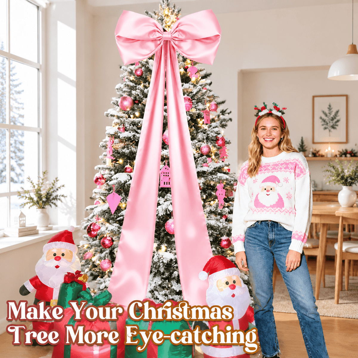 Extra Large Christmas Tree Topper Bow, Pink, 10.2ft Long Ribbons for 9-12ft Trees