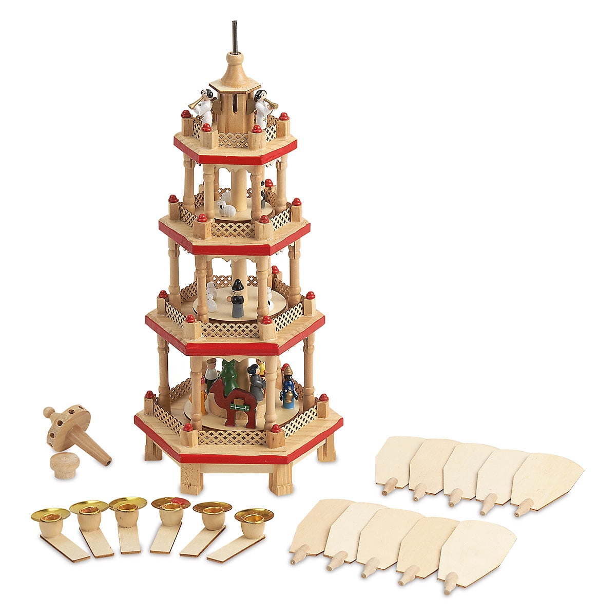 German Christmas Pyramid, 17.5" Tabletop Nativity with Candle Holders, Holiday Decor, Brown