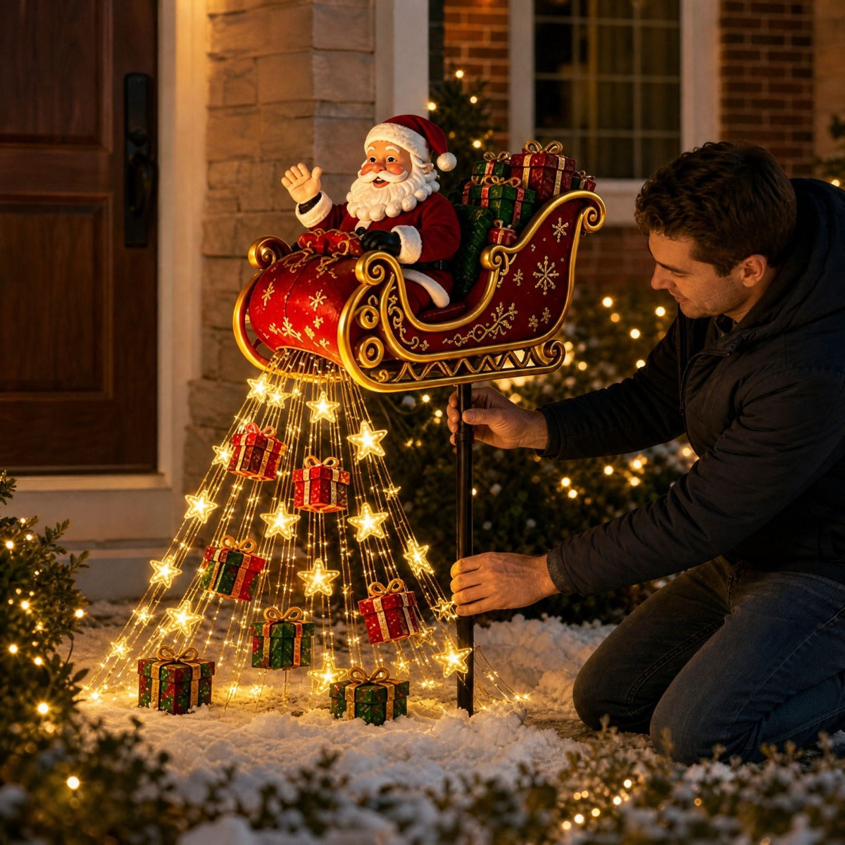 Luckky Santa’s Flying Sleigh Gift Cascade Solar Christmas Garden Light,Warm Golden Cascading LED Lights with Falling Gifts & Star,Solar Powered Outdoor Holiday Decor for Lawn,Pathway & Yard
