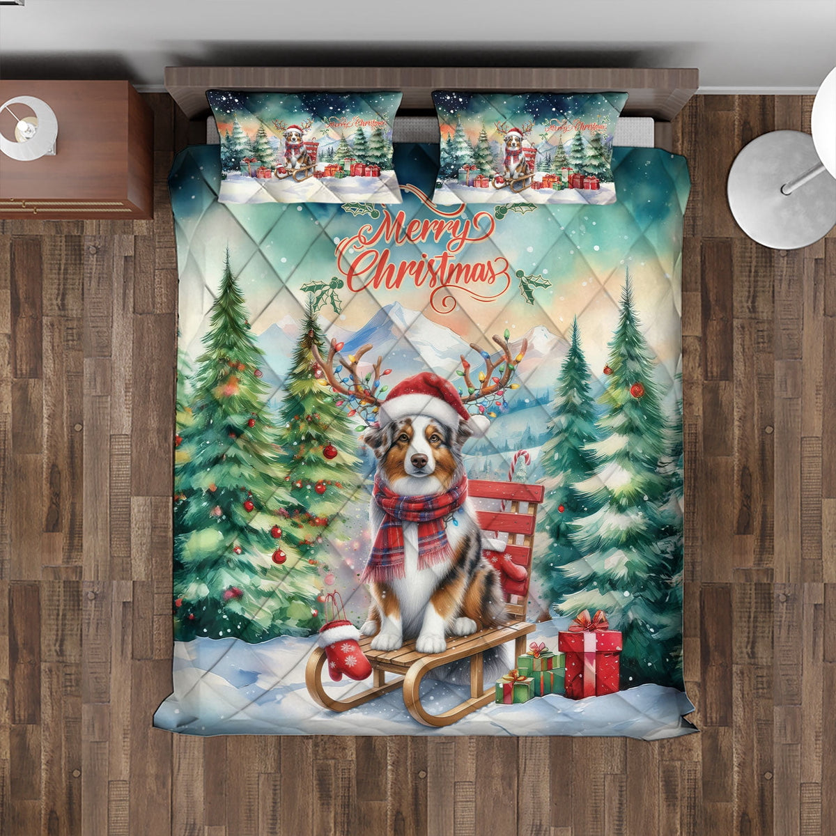 Merry Christmas Santa Reindeer Antlers French Bulldog Sleigh Xmas Winter Holiday Quilt Bedding Set Dog Lover Gifts 1 Blanket Bed Cover 2 Pillowcases - 00023