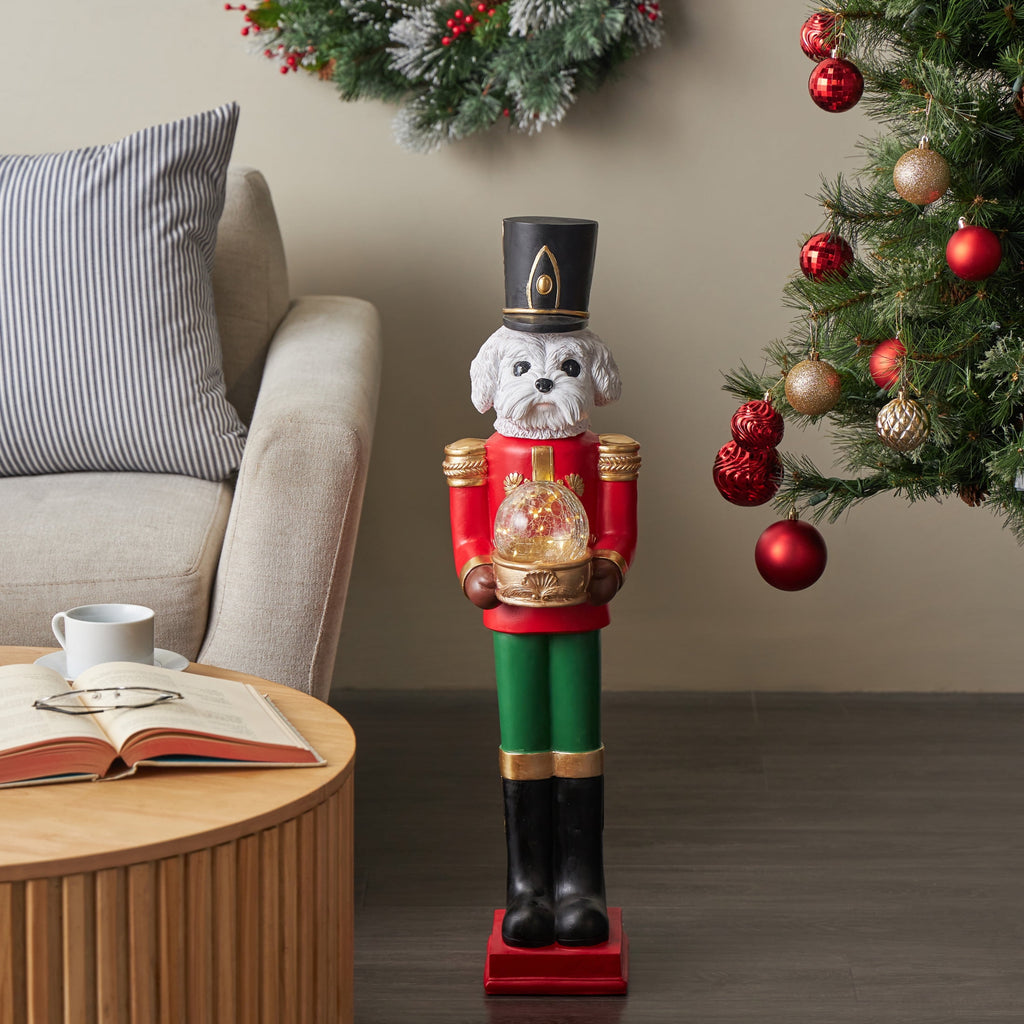 6" x 32" Red Fiberglass Tall Soldier Nutcracker Dog Christmas Sculpture with LED Light Snow Globe, by DecMode