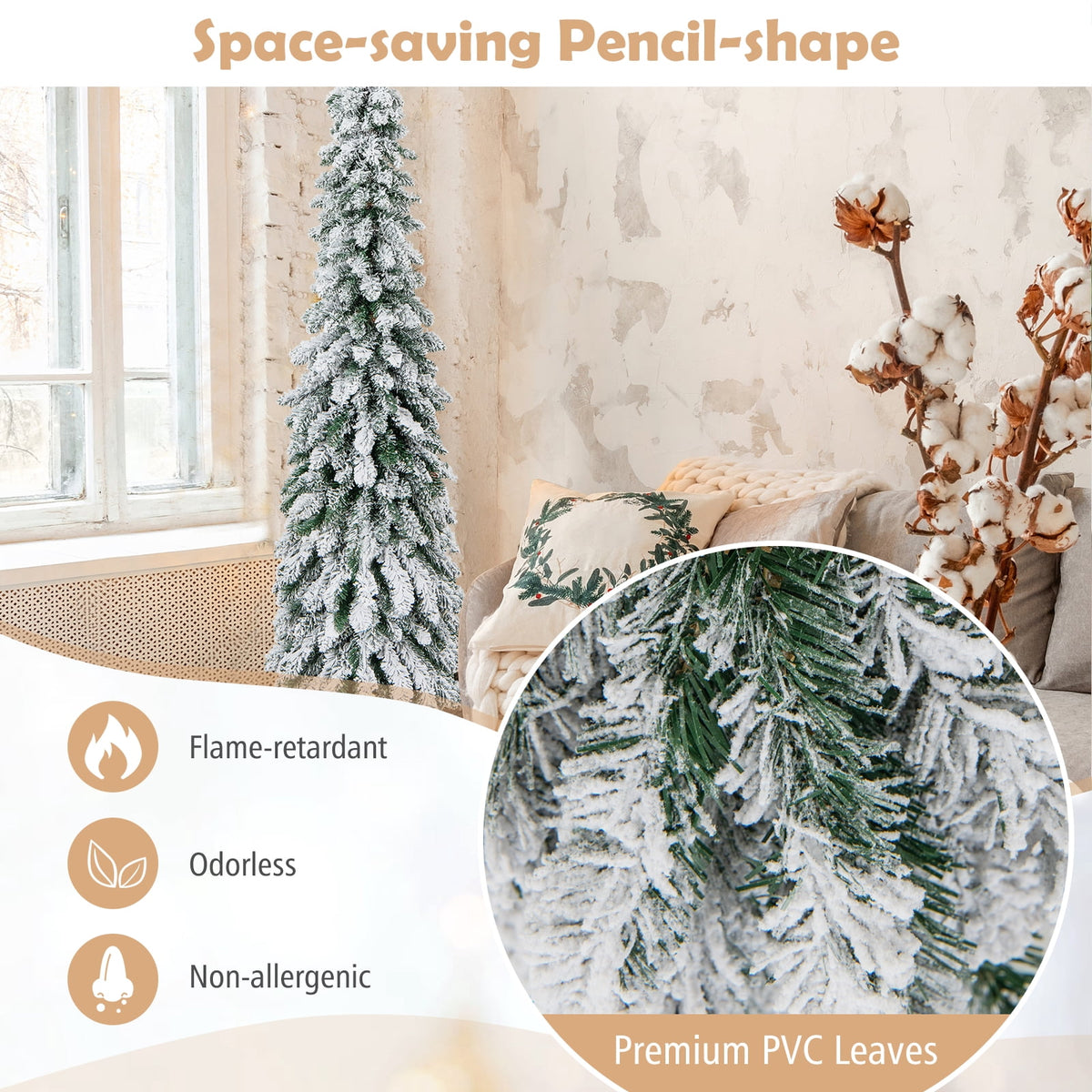 Topbuy 4FT Pre-lit Artificial Christmas Tree Snow-flocked Xmas Pencil Tree with 225 Branch Tips 100 LED Lights 2 Lighting Colors