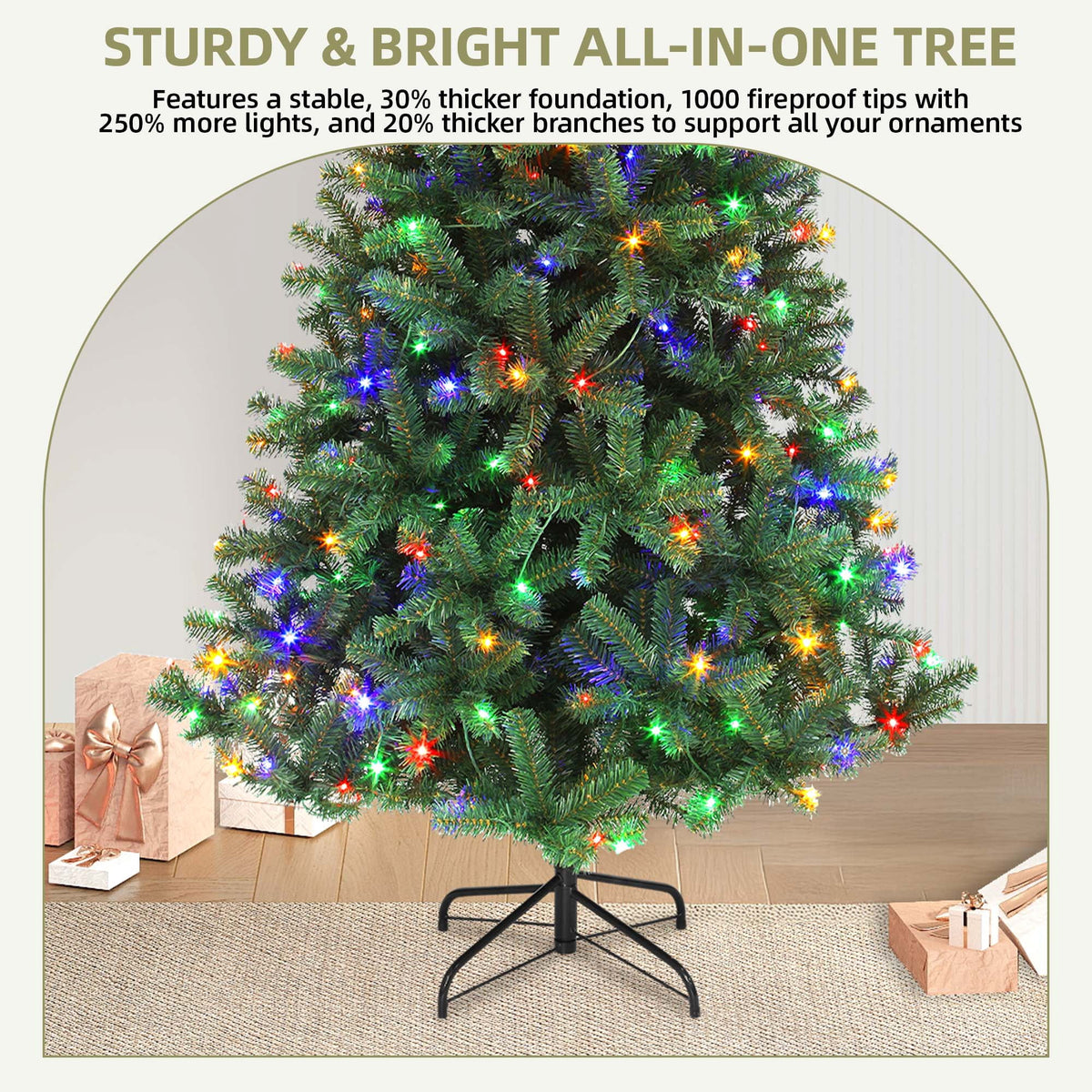 Uforic 6ft Pre-lit Hinged Spruce Artificial Christmas Tree with 1000 Branch Tips & 250 Lights, Remote Control, 11 Light Modes, Green